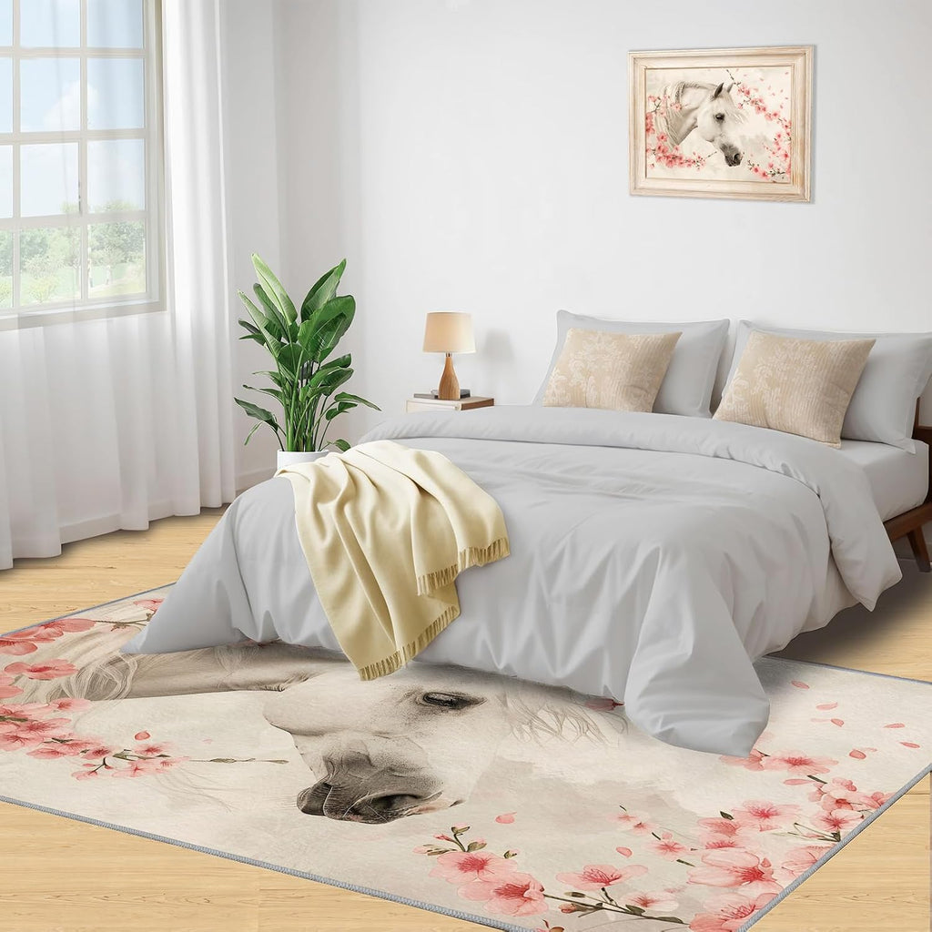 Cherry Blossom Rug for Kids Room - 6x8 Large Rug, Girls White Horse Rugs for Bedroom Western Animal Horse Area Rugs for Living Room Home Decor Washable Rug