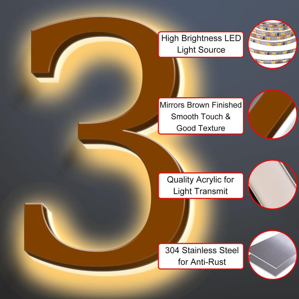 Illuminated LED House Numbers 20', Stainless Steel Backlit LED Illuminated Home Address Numbers, Large Modern Lighted House Numbers For Outside, Brown, Warm Light,A