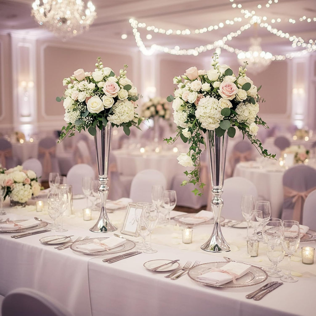 Metal Trumpet Vases for Centerpieces - Set of 10 Elegant Silver Vases for Table, 21.9' Tall Flower Stands for Table Centerpieces Anniversary Celebration Christmas Event Party Home Wedding Decorations