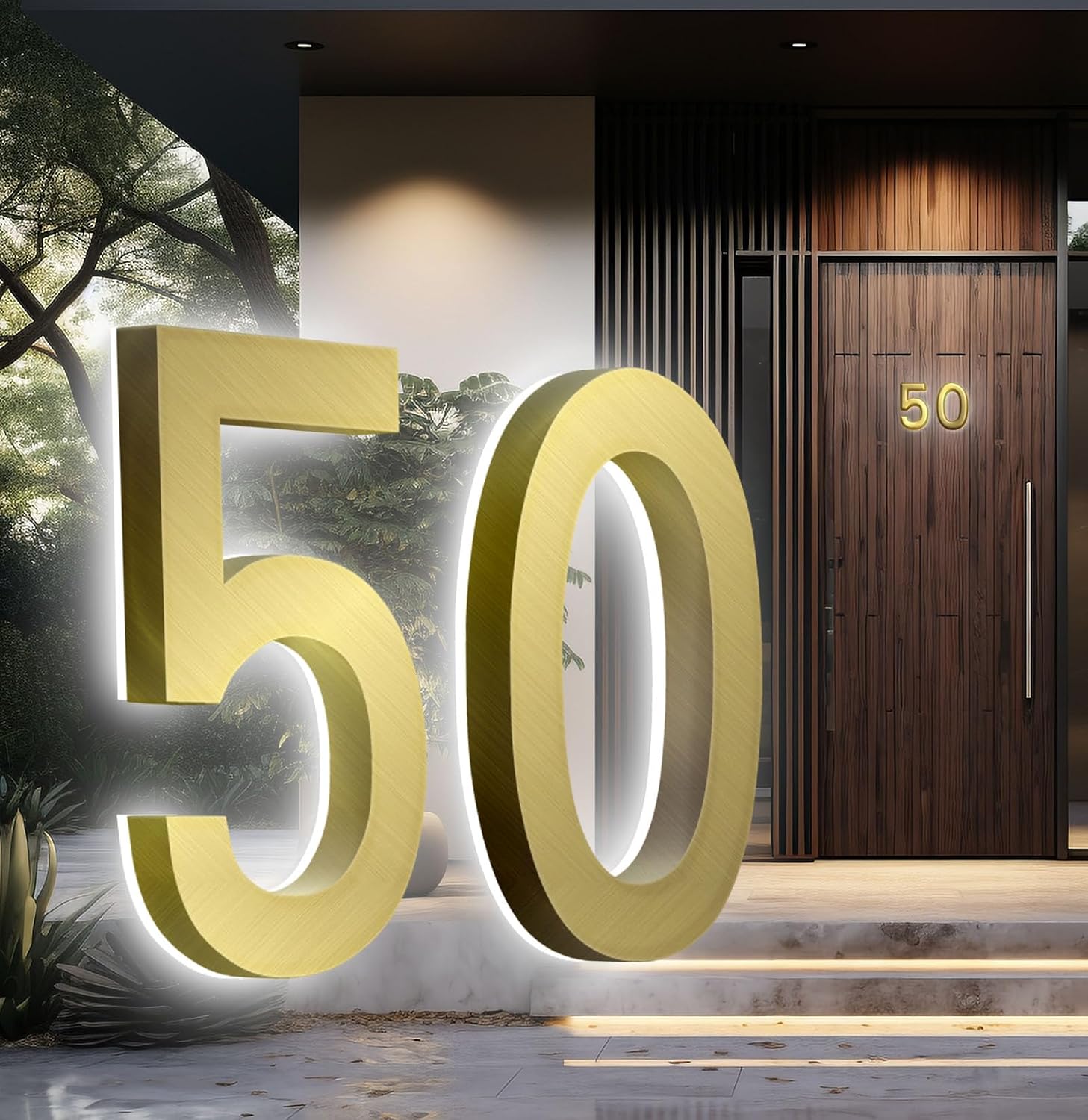 Backlit LED Illuminated Door Number, Gold Brushed Stainless Steel, LED Illuminated Home Address Number, Modern Lighted House Numbers.