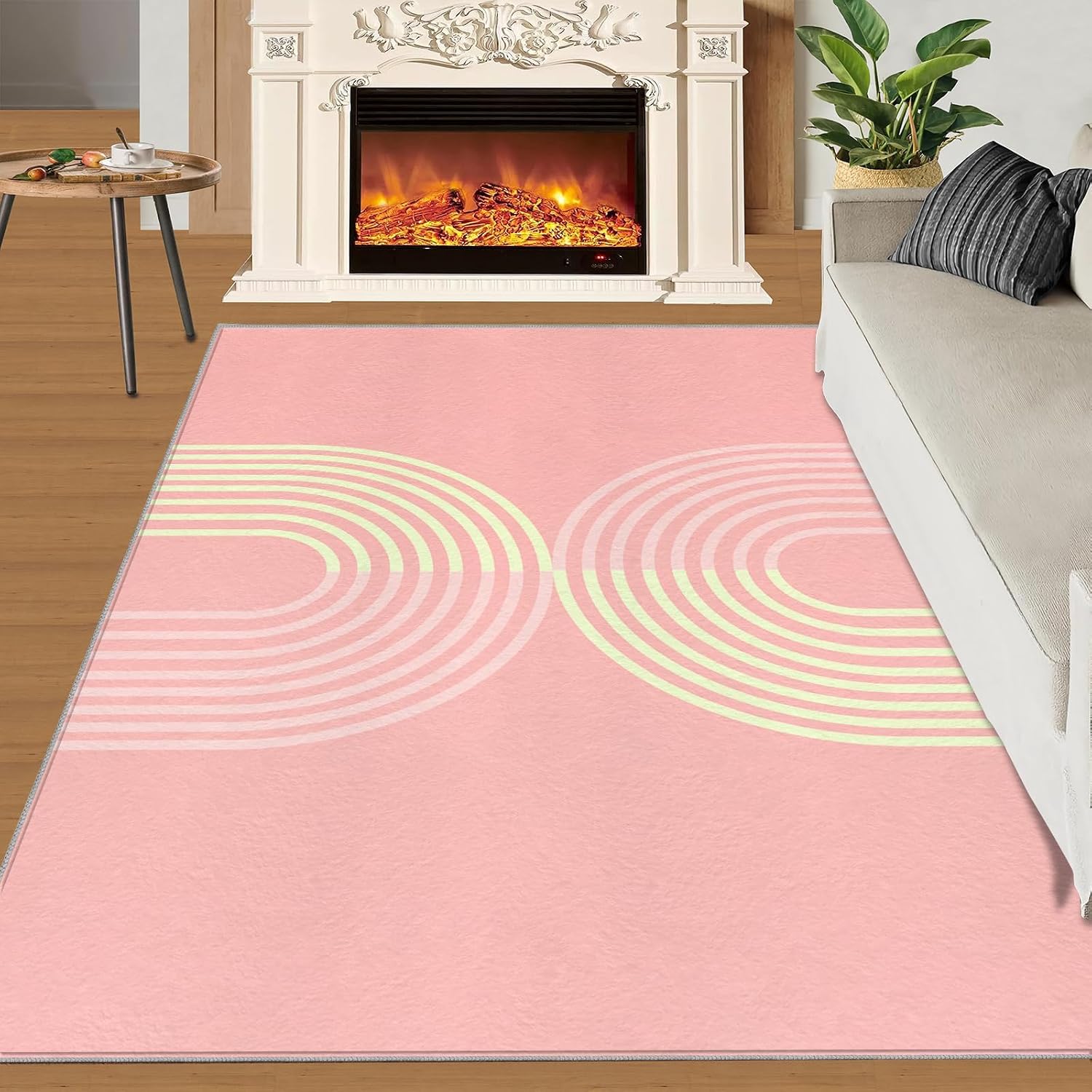 6x8 Rug Medieval Pink Lines Soft Washable Carpet, Geometric Arched Lines Upholstery Rug with Non-Slip Backing for Kids Boys Girls Bedroom Living Room Dining Room Study