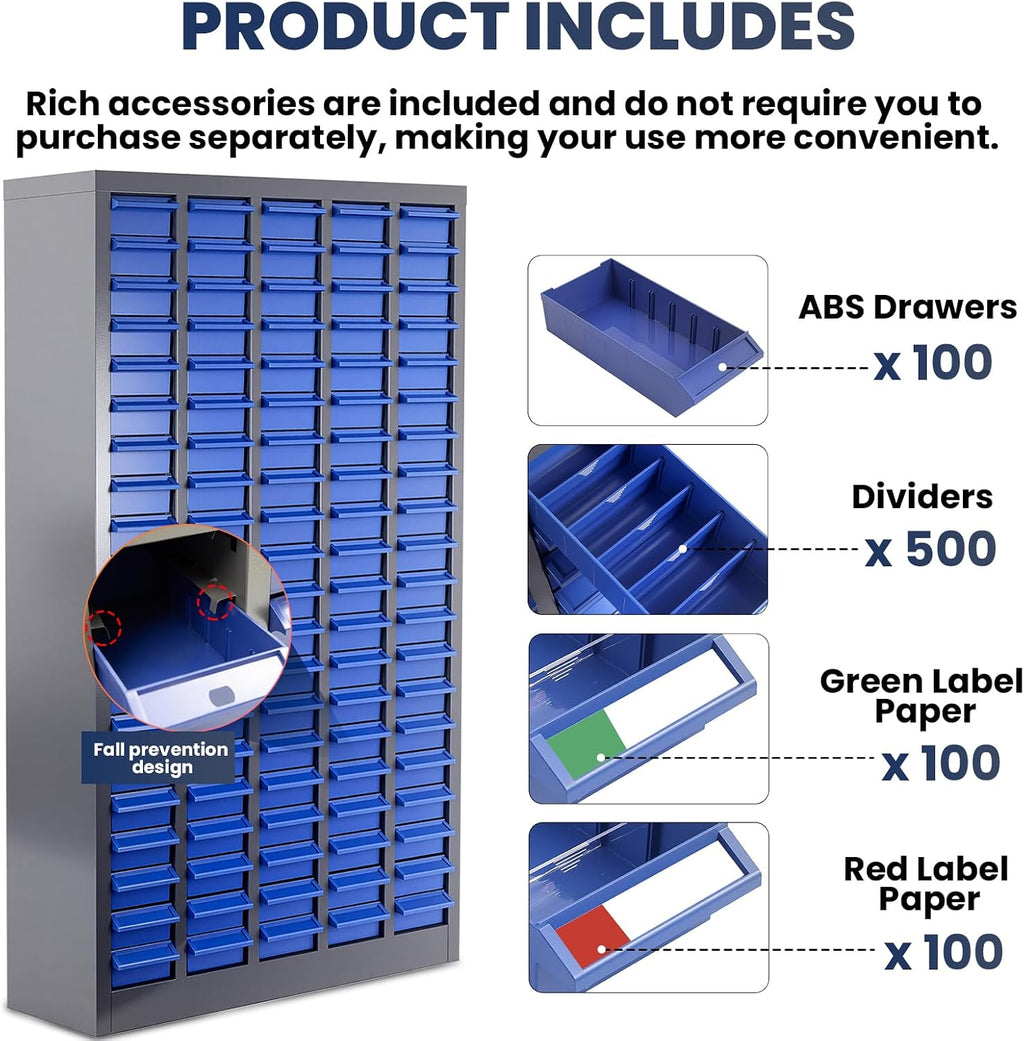 100 Drawers - Part Cabinet, Shelves & Label Stickers - Bolt and Nut Organizer Bolt Bin Cabinets, Durable Steel Tool Storage Cabinet for Garage/Workshop Small Parts/Hardware Organization
