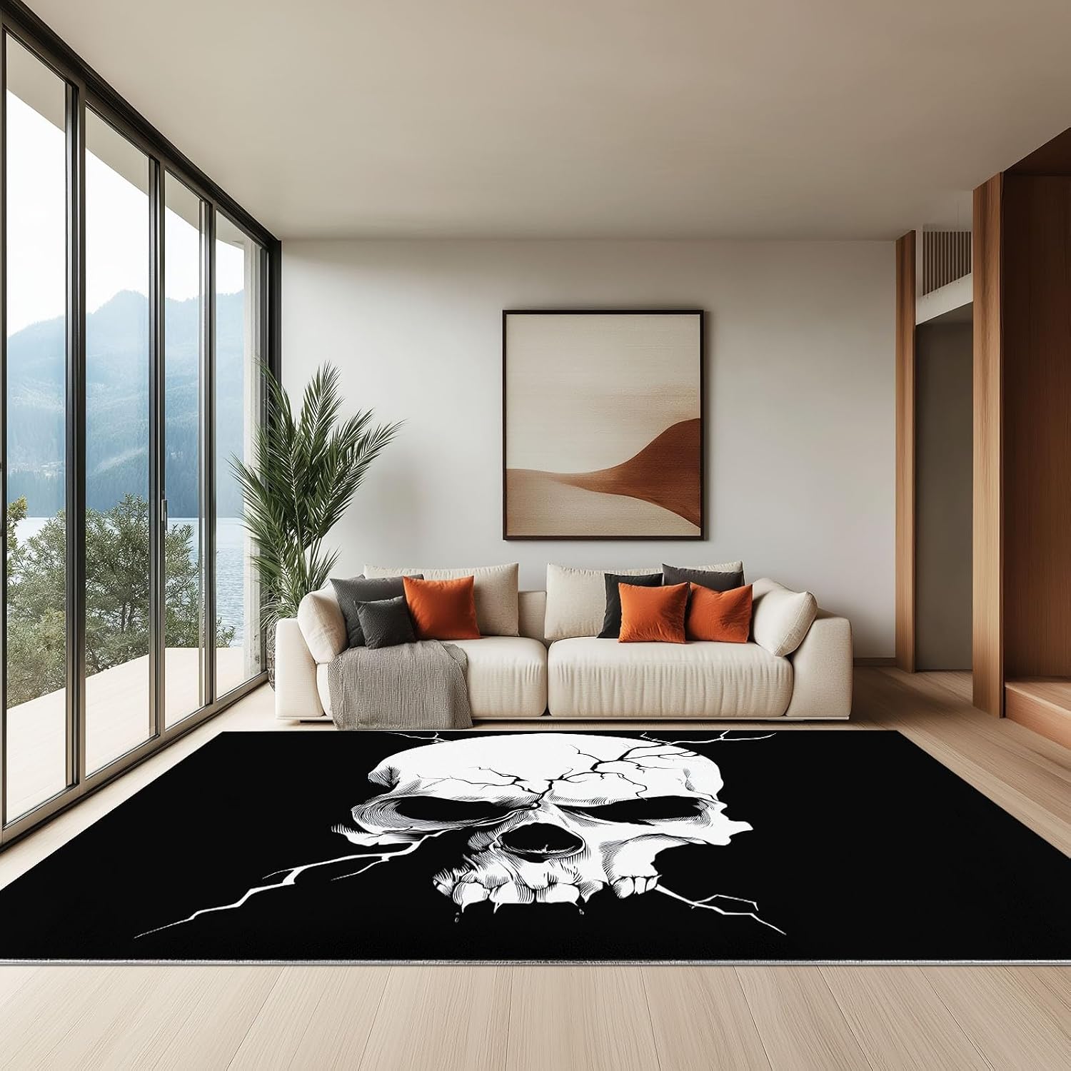 Dark Style Soft Print Area Rug 5' x 7', Minimalist Skull Cracked Skull Print Decor Washable Rug Non Slip Carpet Absorbent Mat for Kitchen Living Room Bedroom Entrance Carpet