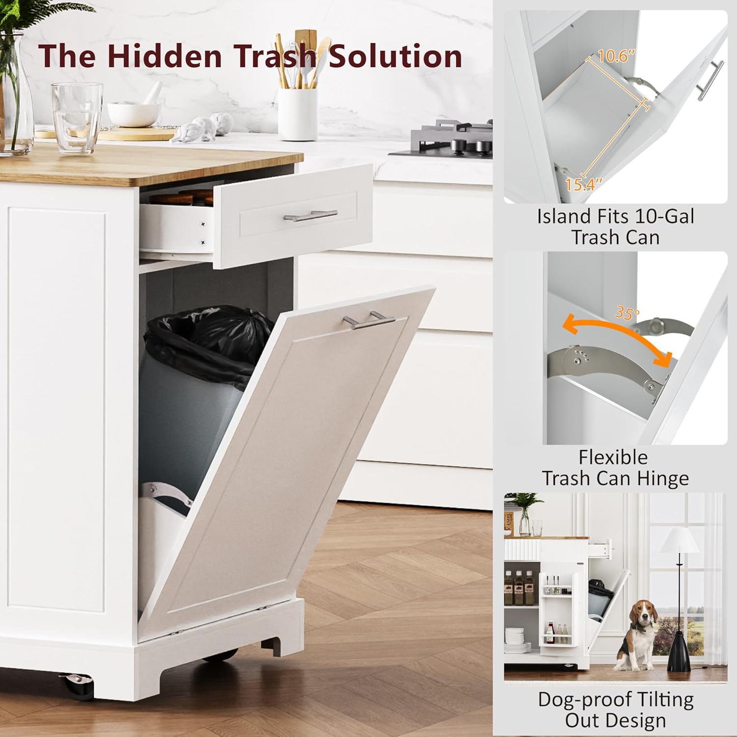 Modern Kitchen Storage Island with Trash Can Cabinet & Power Outlet, Rolling Kitchen Island Cart on Wheels with Open Side Shelves and Towel Rack, 53-Inch, White