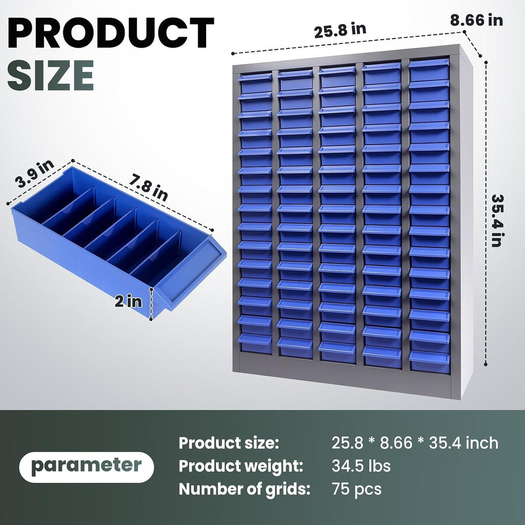 Parts Organizer Cabinet: 860LB Capacity Nut and Bolt Organizer with Label System, Non-Slip Base Heavy-Duty Bolt Bin for Garage, Workshop or Office Tool Storage, 26'x9'x35' (75 Drawers)