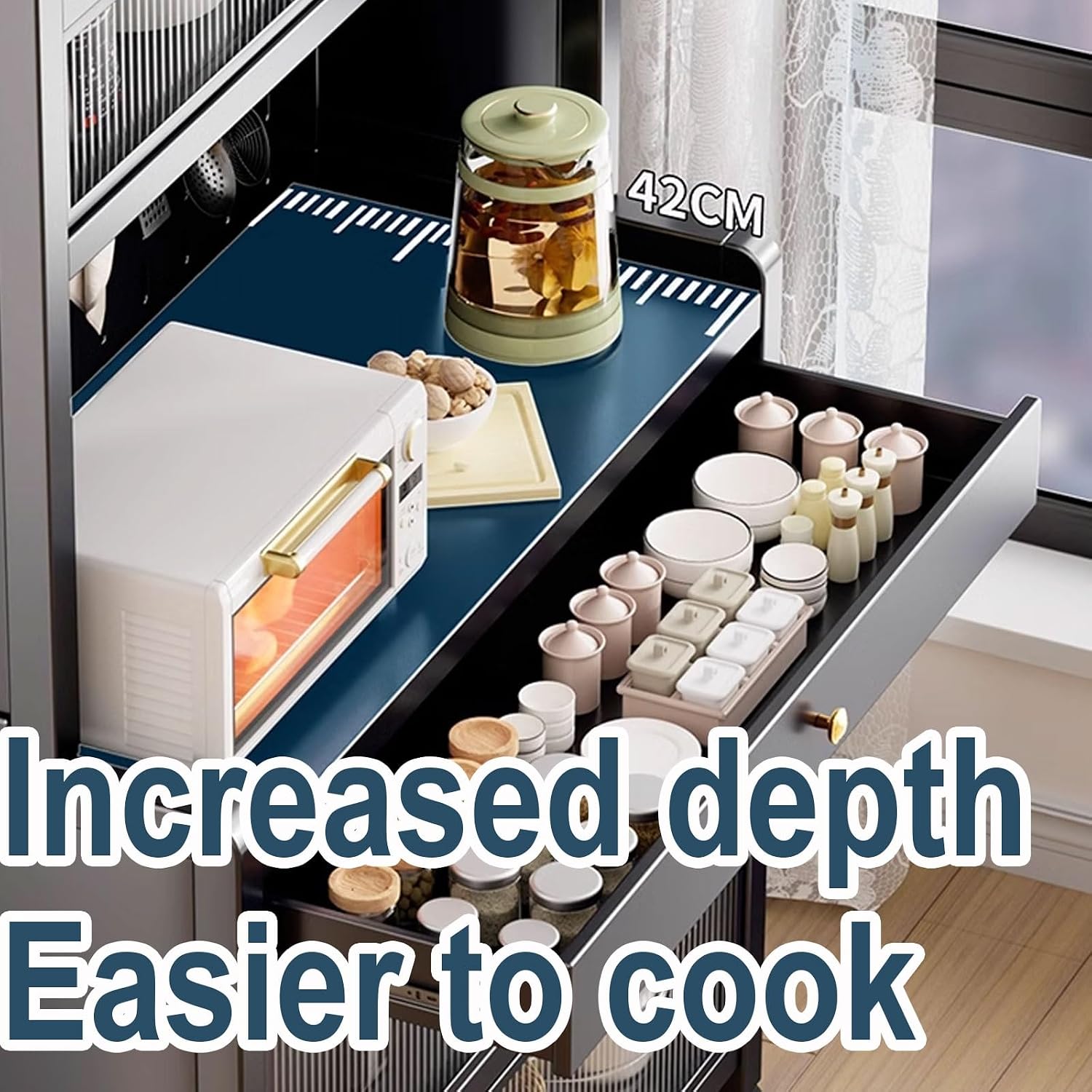 Microwave Stand with Storage Cabinet Made of Carbon Steel Baker's Rack with Rolling Wheels and 4 Hooks Kitchen Shelves for Spices, Pots, and Pans(Color:White,Size:60 * 42 * 172cm)