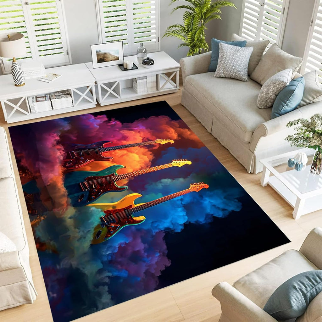 Area Rug 5' X 7' Washable Rugs Music Theme Area Rug Electric Guitar Smoke Soft Non-Slip Resistant Floor Carpets for Living Room Kids Room Home Office (Dark Blue)