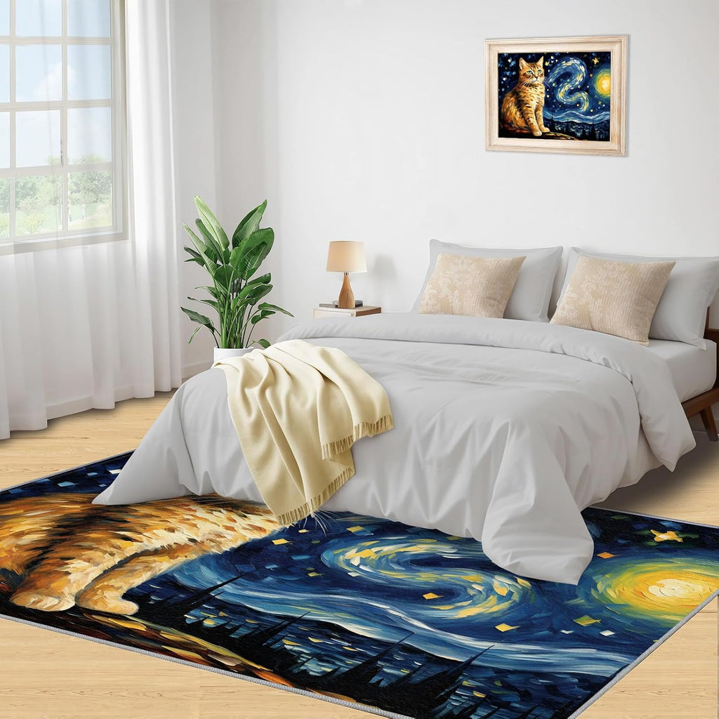 6x8 Area Rug - Starry Sky Orange Cat Large Rugs for Living Room, Post-Impressionist Art Painting Carpet Area Rug for Girls Bedroom Kids Room Basement Office Classroom