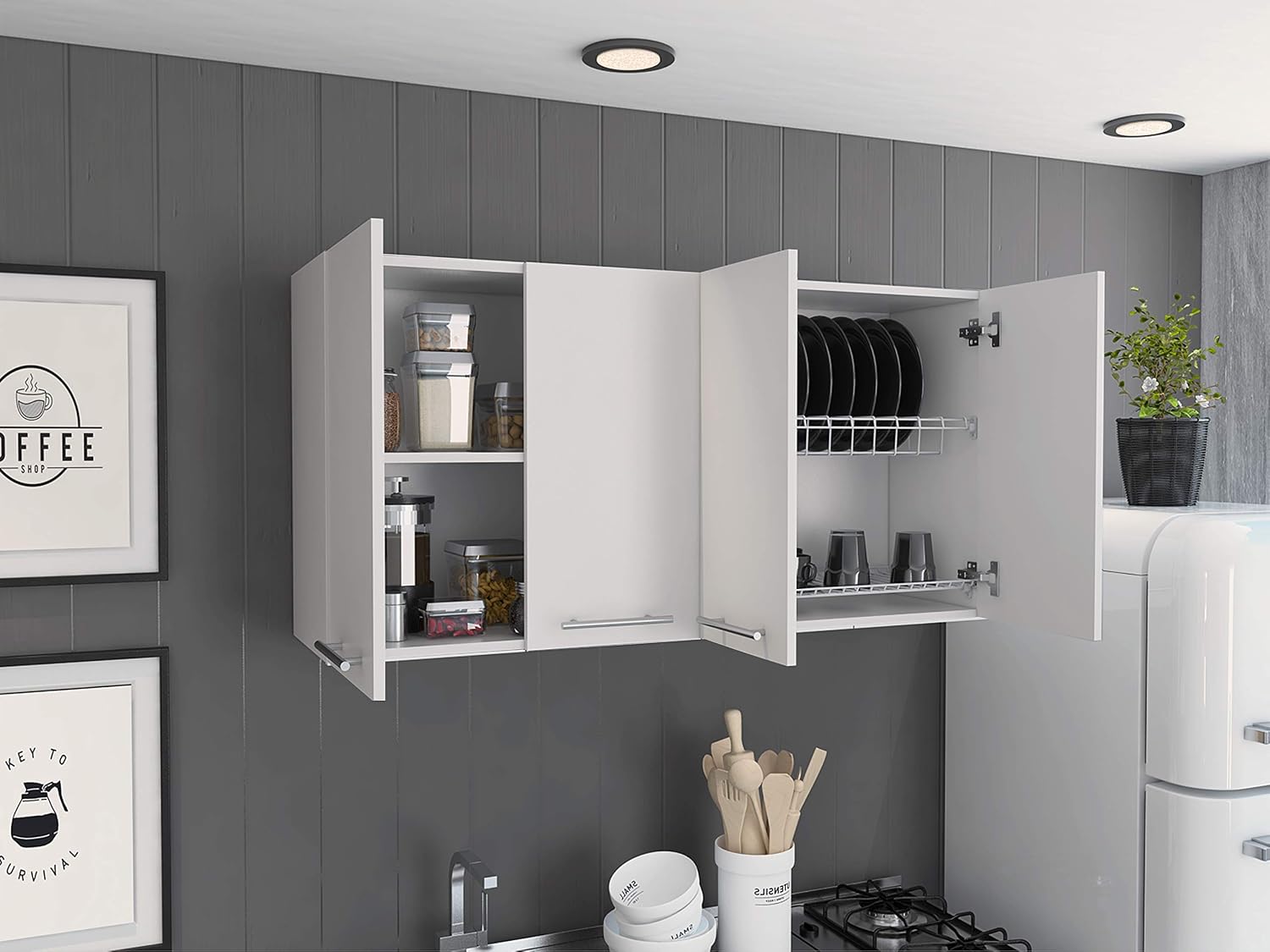 47' Wall Mounted Freestanding Storage Cabinet, Kitchen Storage Bakers Rack with Swing Doors, Utility Food Cupboard with Classic Design for Kitchen Organization, White