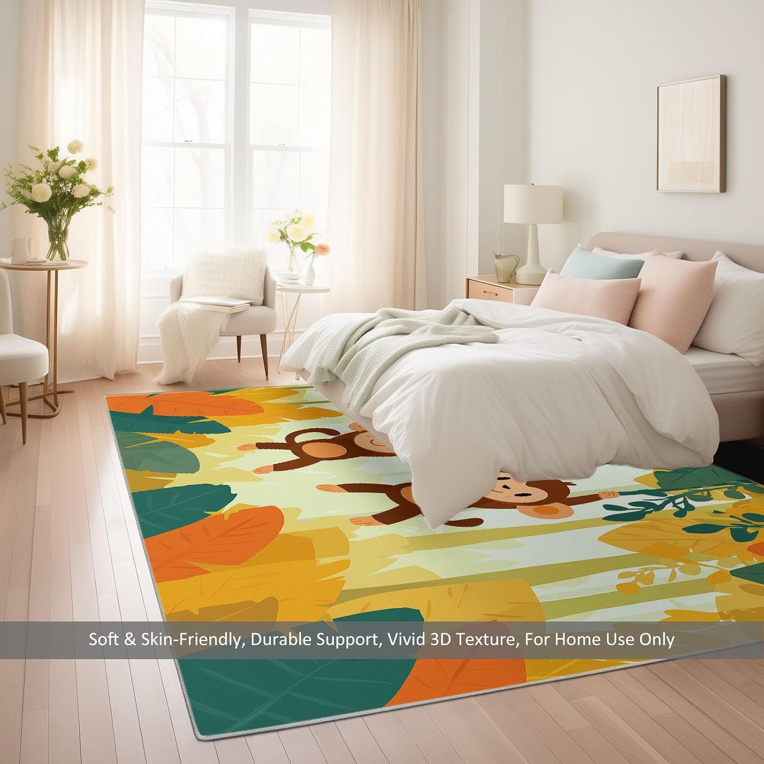 Cartoon Plants Leaves Monkey Print Area Rug 5 x 7 ft Washable, Orange Non-Slip Floor Mat - Soft Low-Plie Faux Wool Carpet for Bedroom Living Room Kitchen Entryway Pet Friendly Rug
