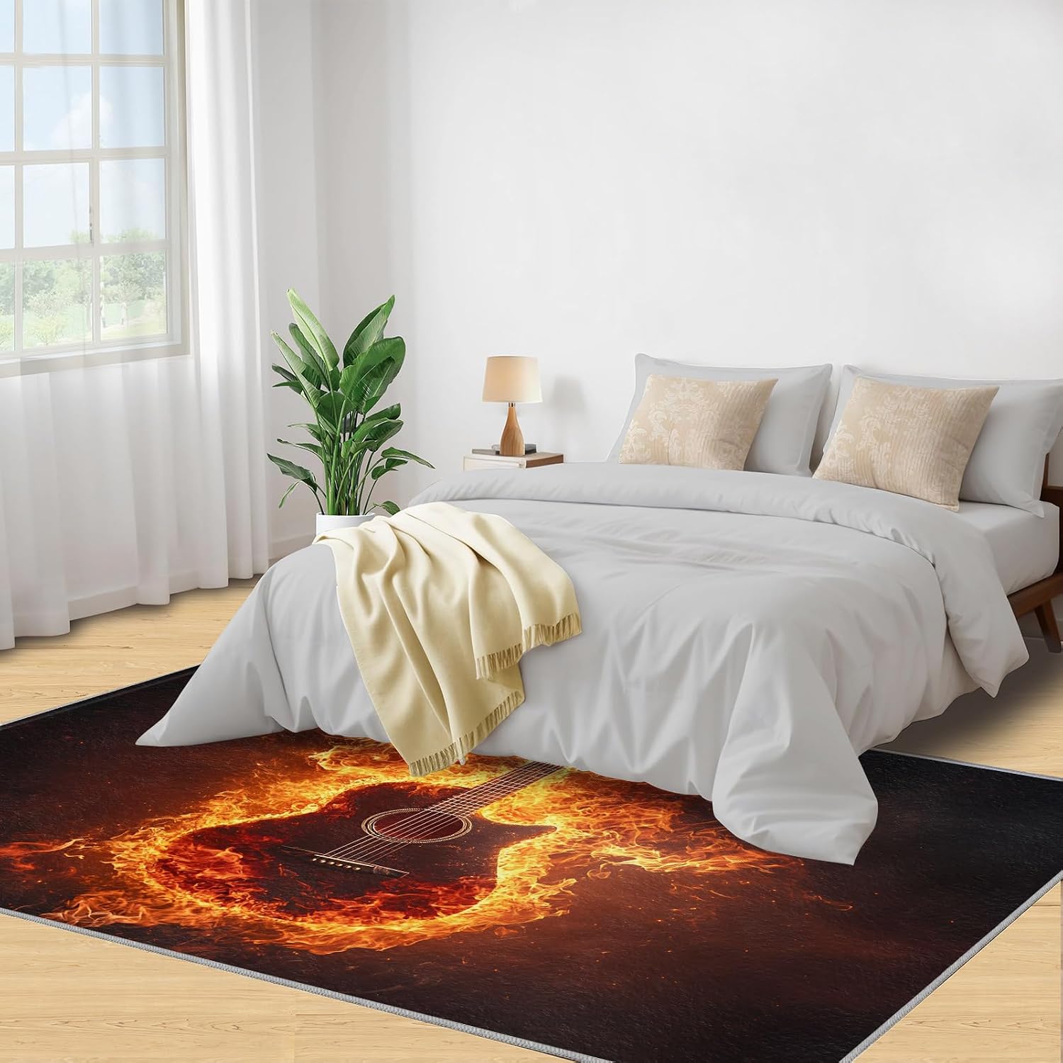Guitar Rug 5x7, Flame Guitar Rugs for Living Room, Music Rugs for Bedroom, Low Pile Washable Area Rug, Non Slip Carpet for Hardwood Floors