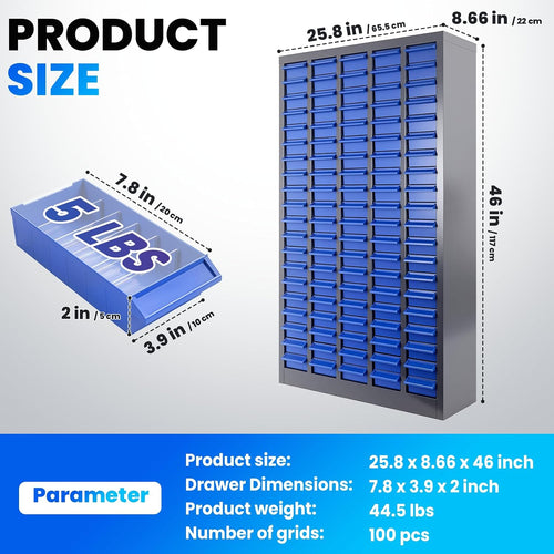100 Drawers Bolt Bin Cabinets, Stainless Steel Part Cabinet with ABS Drawers, Bolt and Nut Organizer & Tool Storage Cabinet with Label Stickers for Hardware Organization Small Items and Parts