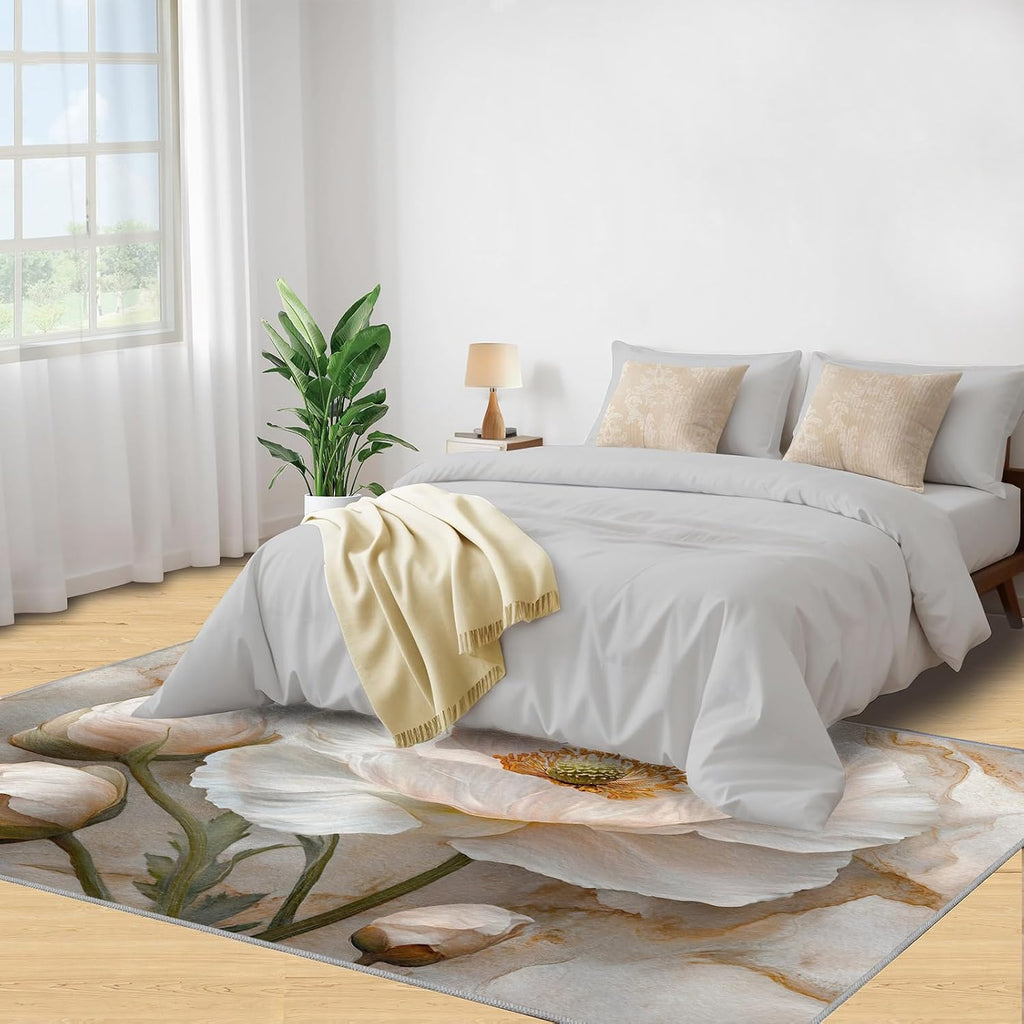 Floral Rugs for Bedroom - 6x8 Rug, Luxury Marble Area Rugs for Living Room, Fantasy Flower Carpet, Nordic Washable Area Mat, Aesthetic Carpet, Floral Marble Home Decor & Gifts
