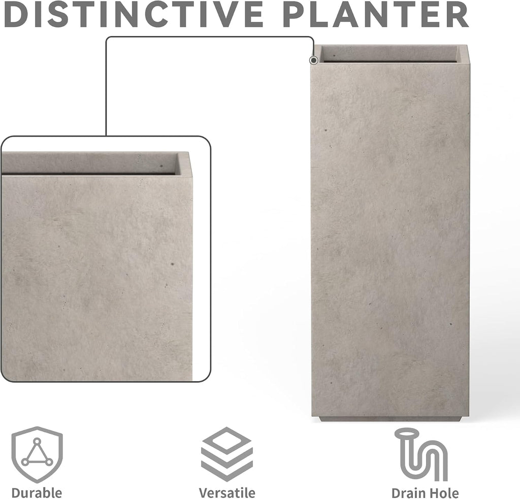 Kante 27.6' H Tall Rectangular Concrete Planter, Modern Square Diameter Plant Pot with Drainage Hole and Rubber Plug for Indoor Outdoor Home Patio Garden, Weathered Concrete