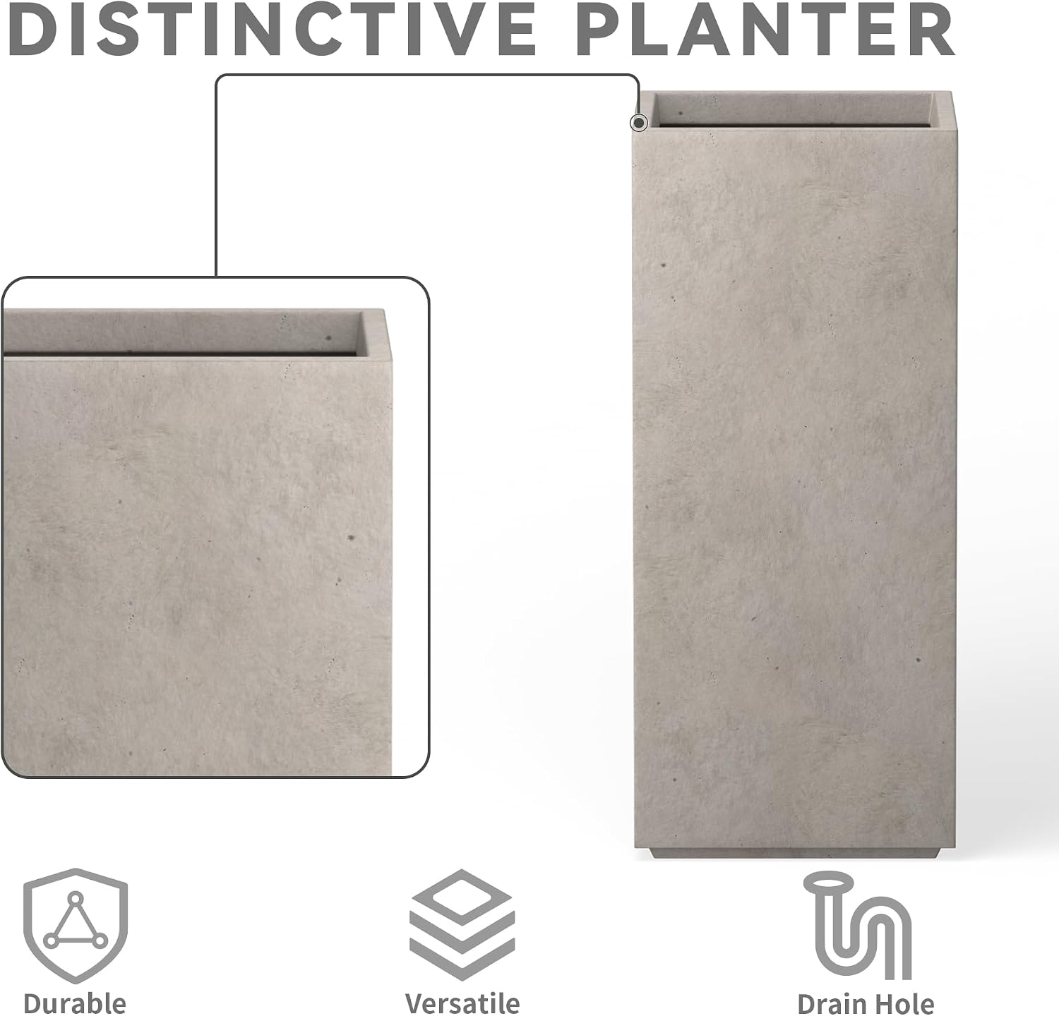 Kante 27.6' H Tall Rectangular Concrete Planter, Modern Square Diameter Plant Pot with Drainage Hole and Rubber Plug for Indoor Outdoor Home Patio Garden, Weathered Concrete