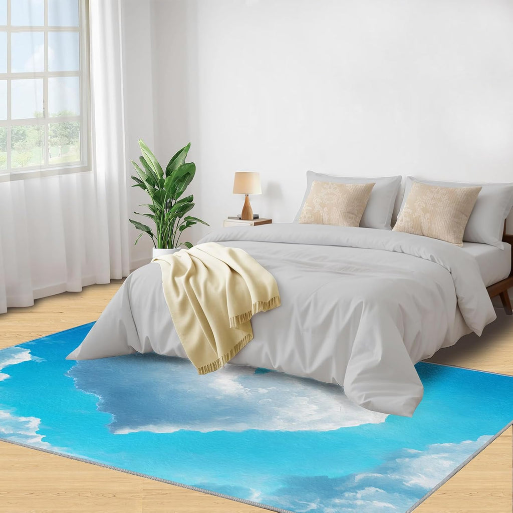 Blue Sky Rugs for Bedroom, Heart-Shaped Clouds Rug 6x8, Romantic White Clouds Dining Room Rugs Washable & Non Slip Large Carpet for Home Decor