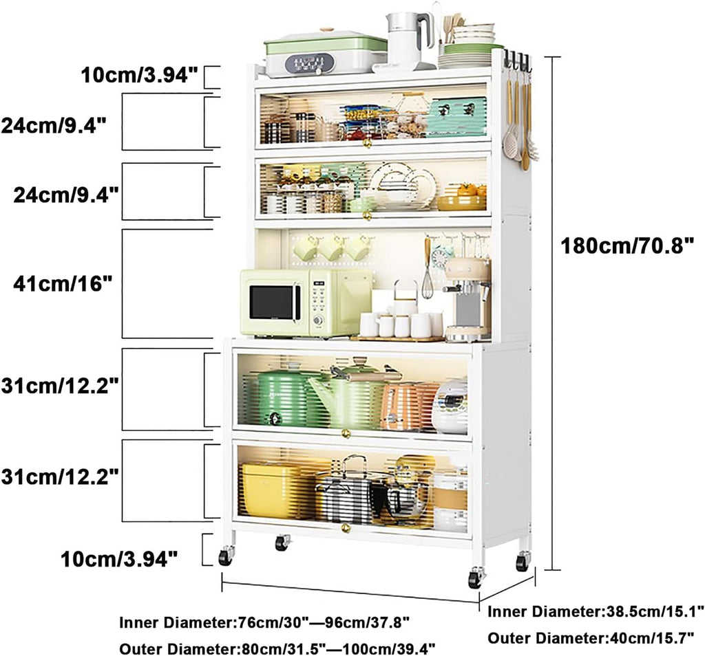 6-Tier Kitchen Standing Storage Cabinet, Kitchen Bakers Rack with Storage Cabinet, Microwave Stand with Pegboard Accessories, Heavy Duty Metal Kitchen Rack for Kitchen Dining Room,White,L 100cm