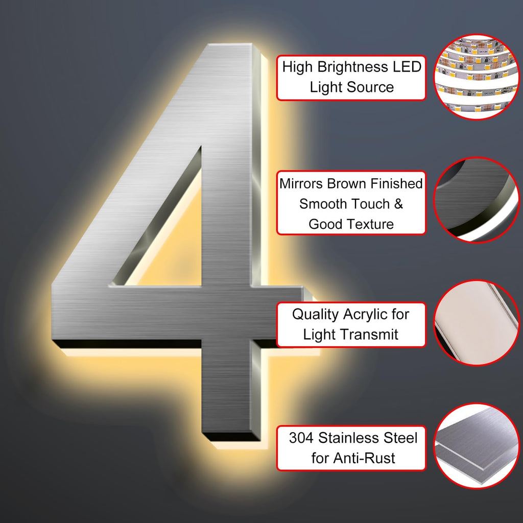 Backlit LED Illuminated Home Address Numbers, 16 Inch Illuminated House Numbers, Stainless Steel Hand-Polished For House Address Signs, Modern Lighted House Numbers,6