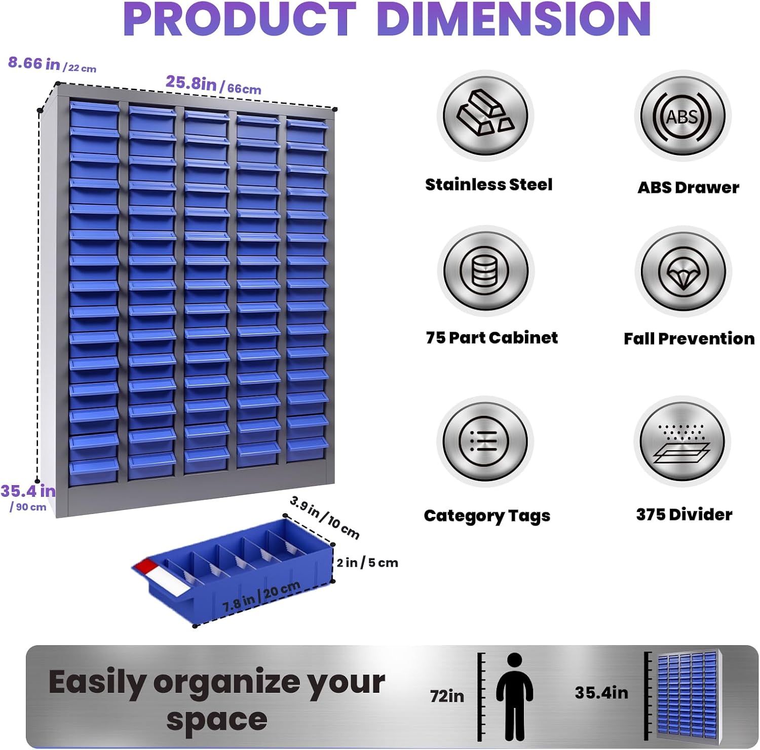 75 Drawers Nut and Bolt Organizer, 36' H x 26' D x 9' W Bolt and Nut Tool Storage Cabinet with Acrylic Adjustable Shelves & Label Stickers, Alloy Steel Parts Cabinet for Workshop Garage Organizer