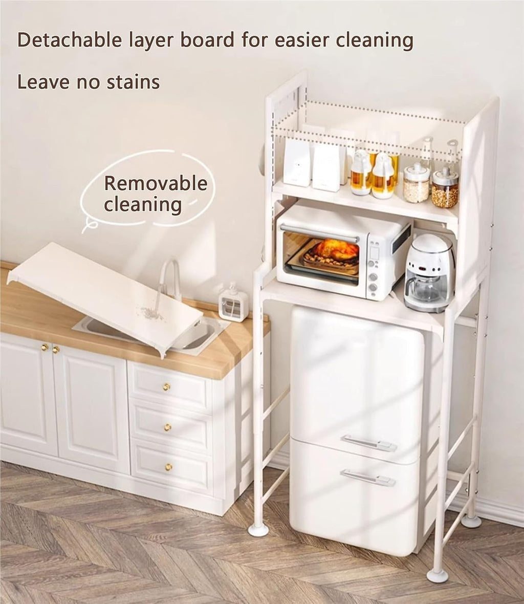 Mini Fridge Stand Storage Refrigerator Shelf 3 Tier Expandable Adjustable Height Microwave Stand Shelf Kitchen Bakers Rack for Refrigerators Below 1.2m Solid Construction(White)
