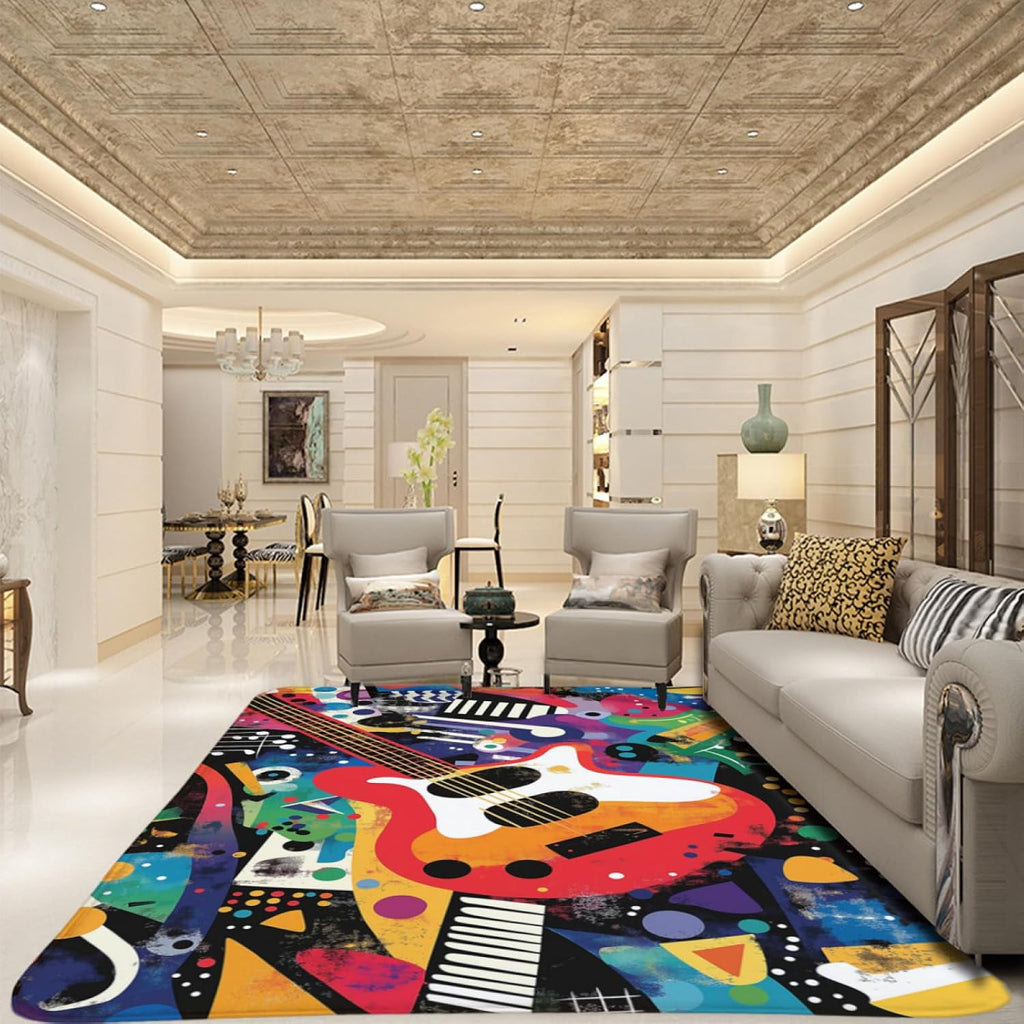 Guitar Rugs for Music Room - Guitar Rug, 6 ft x 8 ft, Abstract Colorful Musical Area, Multicolor, Washable & Non Slip & Soft Large Guitar Home Decor Gifts