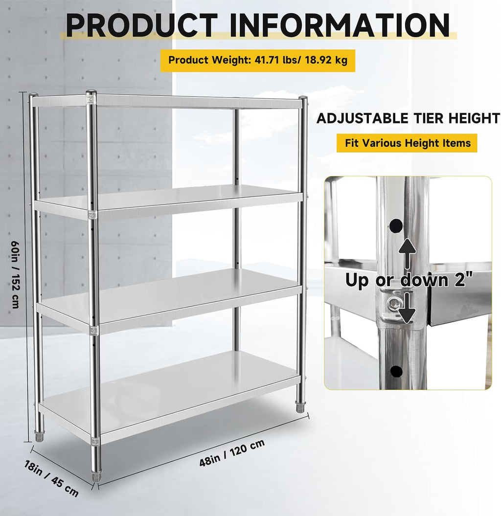 Stainless Steel Shelves 48x18x60 Inch Storage Rack 4 Tier Shelving Units and Storage Adjustable Stainless Steel Rack Shelving, Storage Shelves for Kitchen Commercial Office