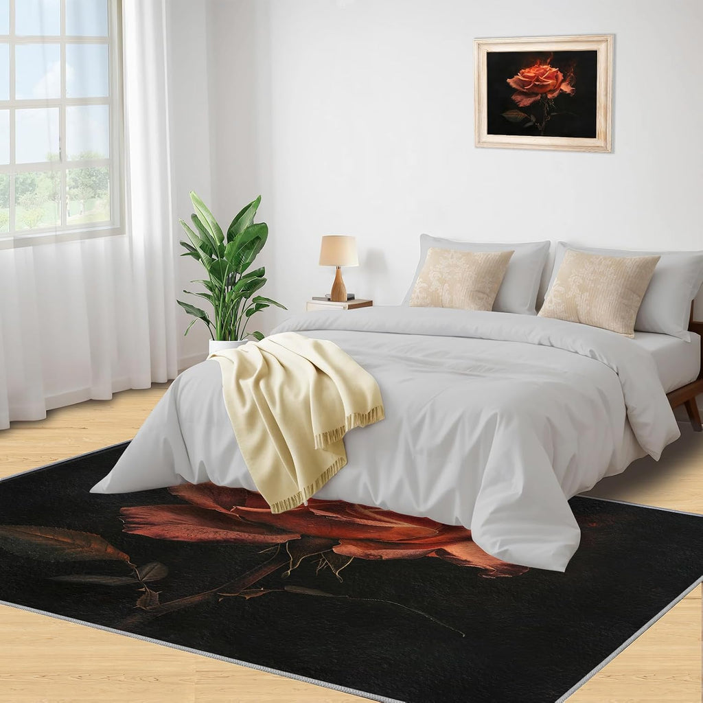 Area Rug 6x8ft, Red Rose Rugs, Simple Black Area Rug, Upholstery Carpet with Non-Slip Backing, Soft Washable Rug for Living Room Kids Boys Girls Bedroom Study Room