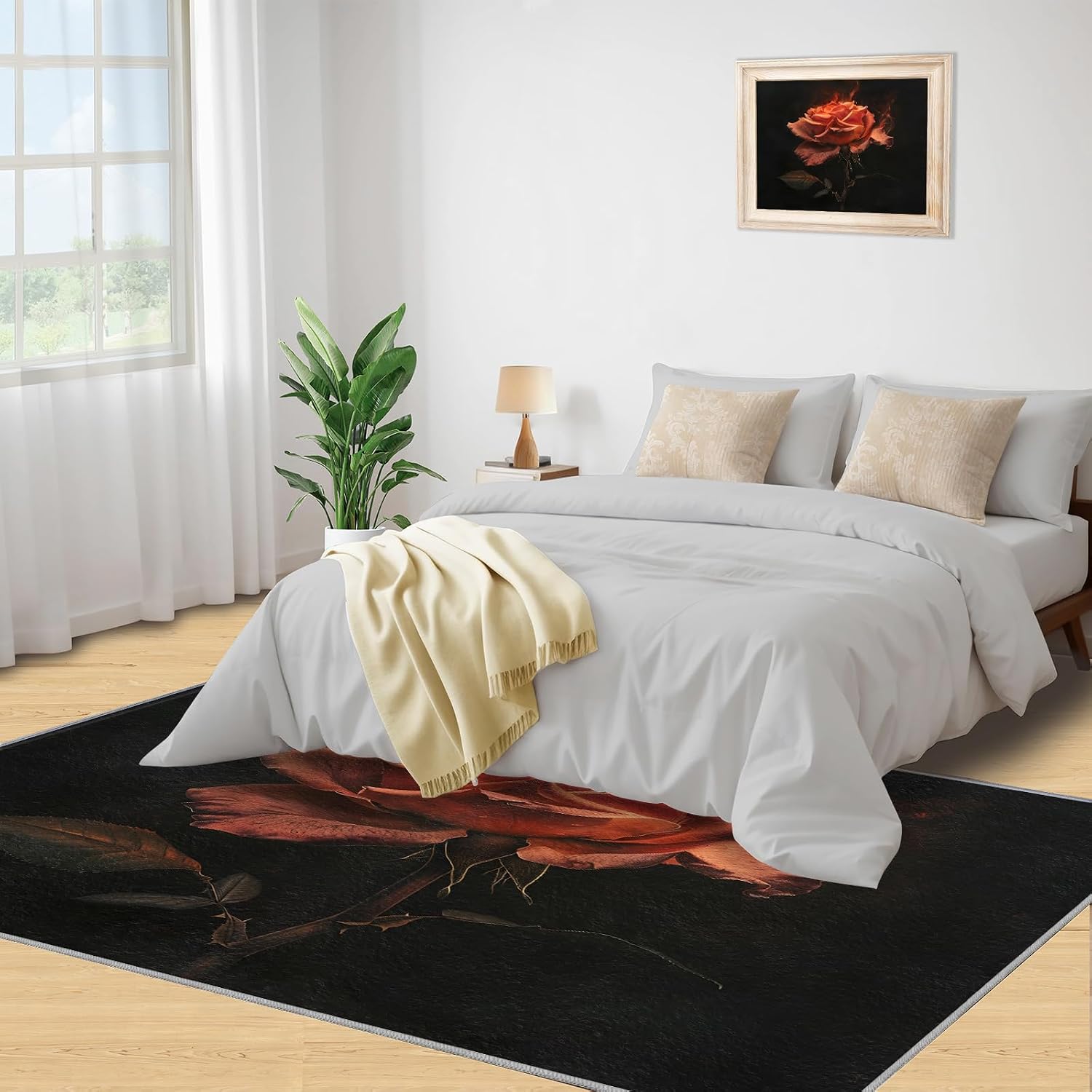 Area Rug 6x8ft, Red Rose Rugs, Simple Black Area Rug, Upholstery Carpet with Non-Slip Backing, Soft Washable Rug for Living Room Kids Boys Girls Bedroom Study Room