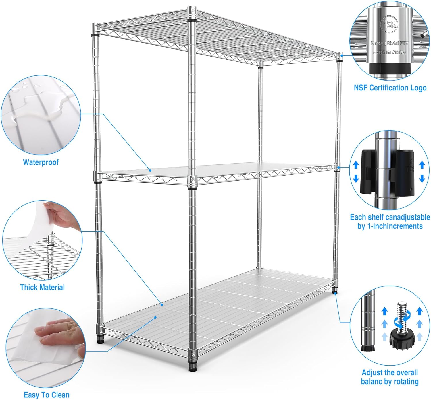 3 Tier NSF Wire Shelf Shelving Unit, 18 x 48 x 48 Inch 1050lbs Capacity Heavy Duty Adjustable Storage Metal Rack with Leveling Feet & Shelf Liners, Ideal for Garage, Kitchen, Office and More - Chrome