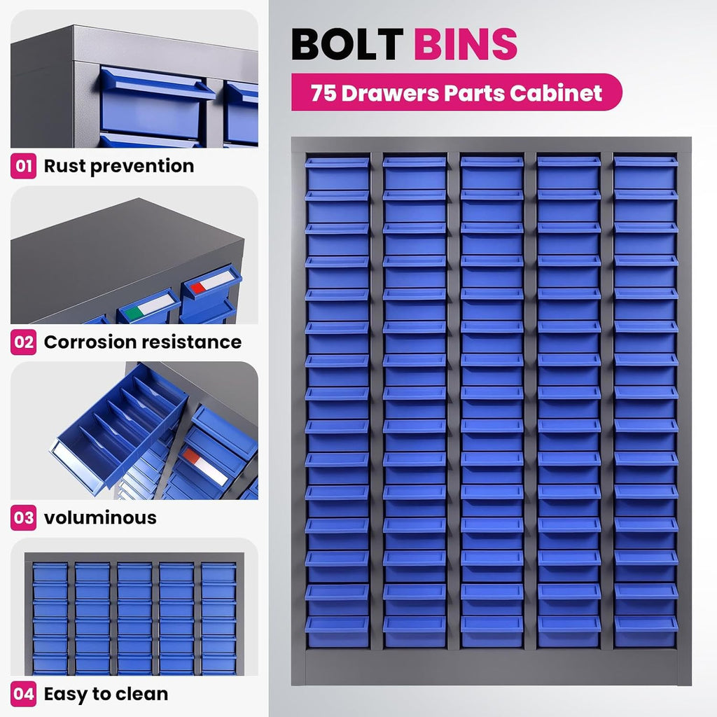 75-Drawer Tool Organizer Cabinet 35.4 x 25.8 Nuts and Bolts Organizer | Stop Box Pro Design for Toy/Screw Storage | DIYer Workshop Must-Have (75Drawers)