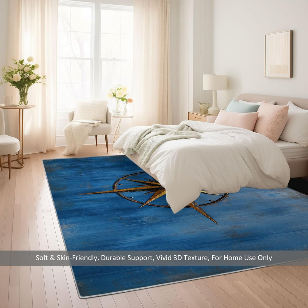 Nautical Theme Print Washable Area Rug 5 x 7 ft for Living Room, Distressed Compass Symbols Non-Slip Rug Kids Nursery Throw Carpet for Bedroom Entryway Dining Room Office Carpets Decor