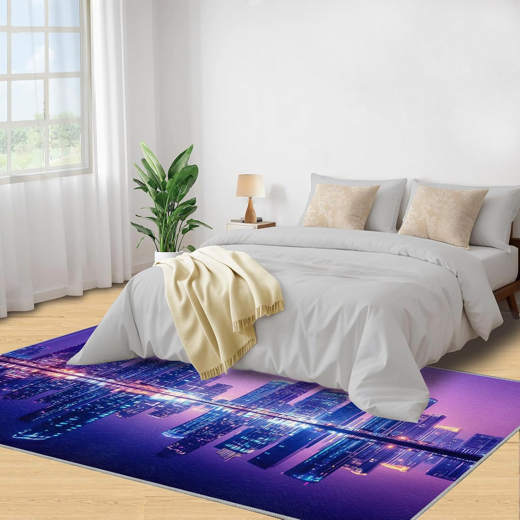 City Nightscape Area Rug 6x8 - Futuristic City Large Rugs for Living Room, Technological Buildings Carpet Area Rug for Girls Bedroom Kids Room Basement Office Classroom