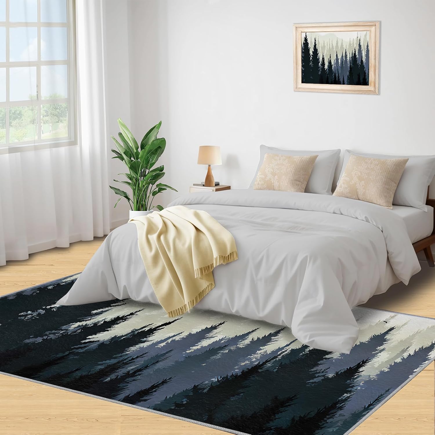 Forest Landscape Area Rug, Forest Mountain Shadows Rugs for Living Room, Indoor Non-Slip Kids Rugs, Machine Washable Breathable Durable Carpet for Front Entrance Floor Decor,6 x 8ft