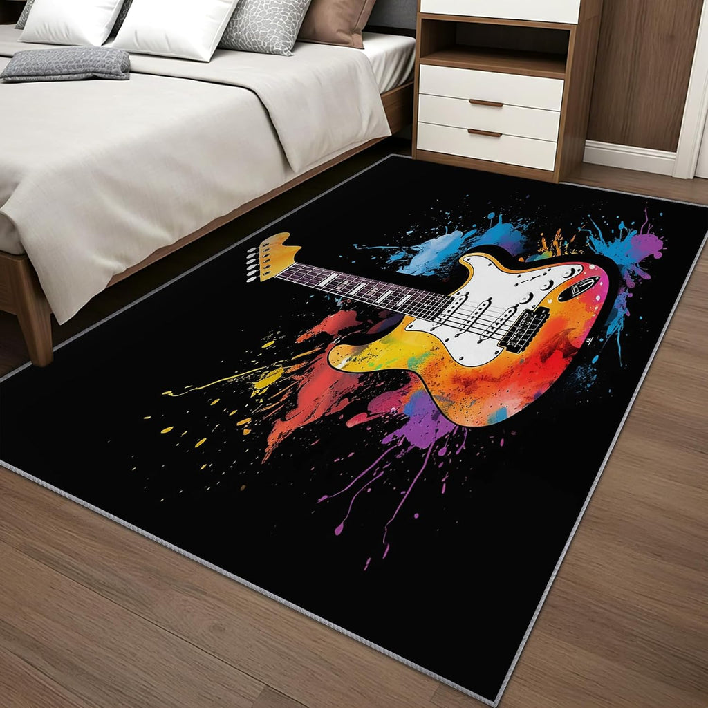 Guitar Area Rug, 6x8 Rug for Bedroom, Boys Rock Music Colorful Graffiti Washable Rugs for Living Room, Non Slip Soft Low Pile Stain Resistant Carpet, Guitar Room Decor
