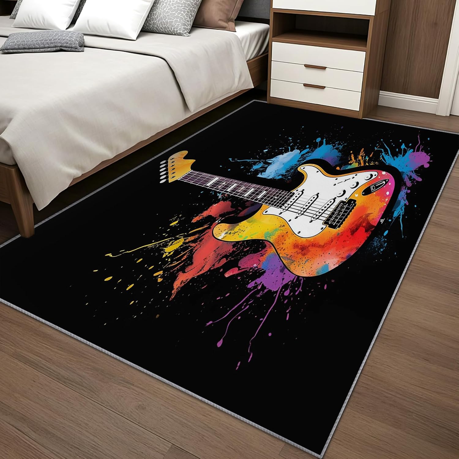 Guitar Area Rug, 5x8 Rug for Bedroom, Boys Rock Music Colorful Graffiti Washable Rugs for Living Room, Non Slip Soft Low Pile Stain Resistant Carpet, Guitar Room Decor