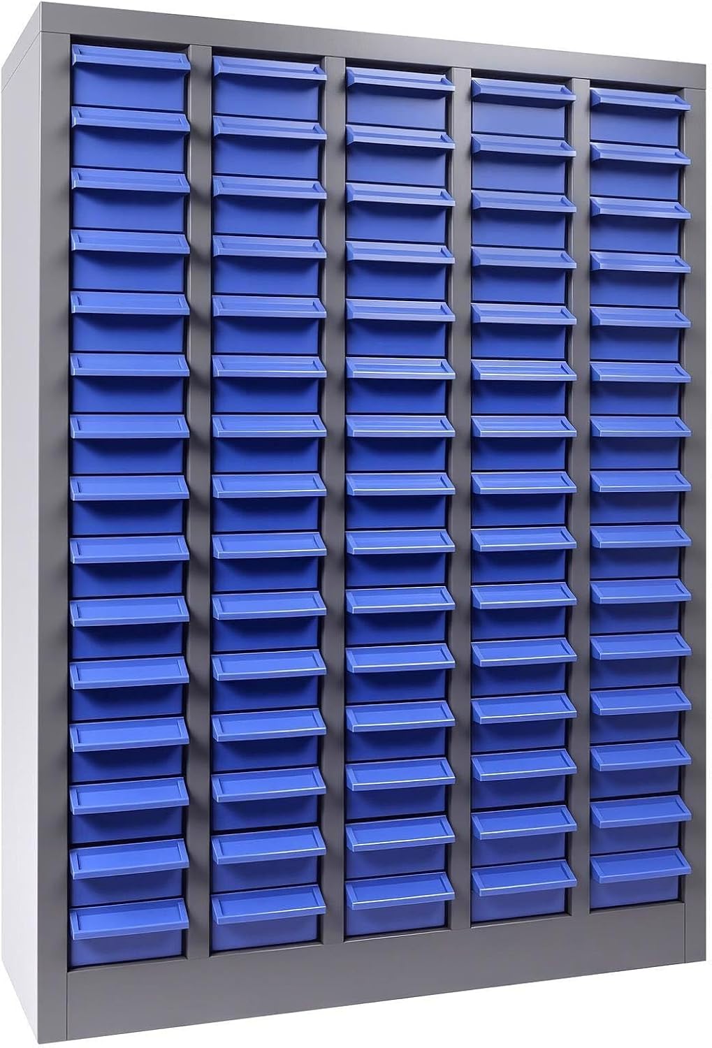 Freestanding 75 Drawer Small Parts Organizer, Blue ABS Drawer Cabinet with Label Panel and Shelf, Hardware Storage System for Workshops, Repair Stations