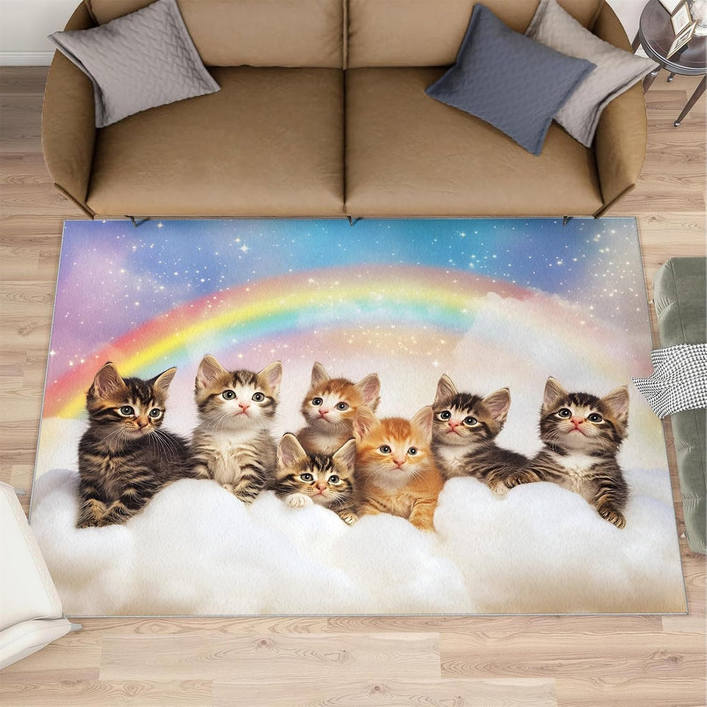 Cat Rugs for Bedroom - 6x8 Rug, Rainbow Area Rugs for Living Room, Fantasy Cloud Carpet, Animal Washable Mat, Cat Home Decor & Gifts