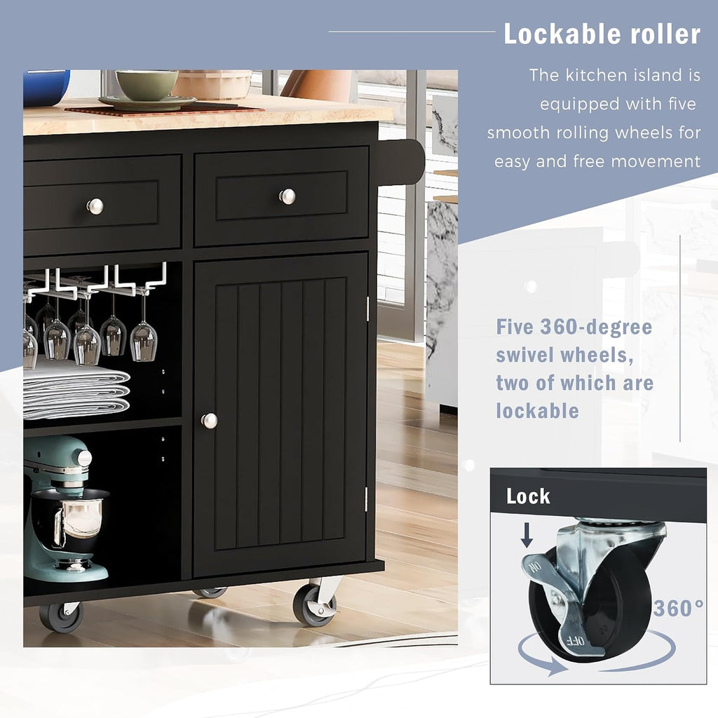 Merax 40' Width Kitchen Island with Storage, Rolling Kitchen Islands Cart with Power Outlet & Open Storage Shelves, Drop Leaf, Rubberwood Top, Lockable Wheels, Wine Rack, Towel Rack (Black)