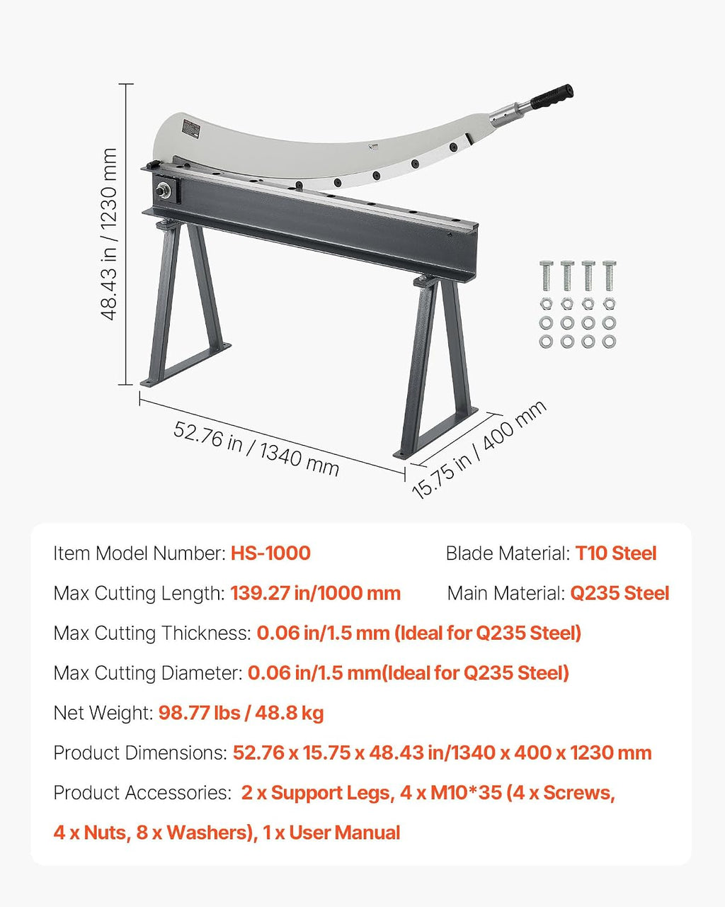 VEVOR Guillotine Shear, 39 in Bed Width Benchtop Cutter, Manual Hand Plate Shear for Metal Sheet Processing, with Q235 Material, High Precision, Stand, for PCB Board, Aluminum, Steel, Copper, Plastic