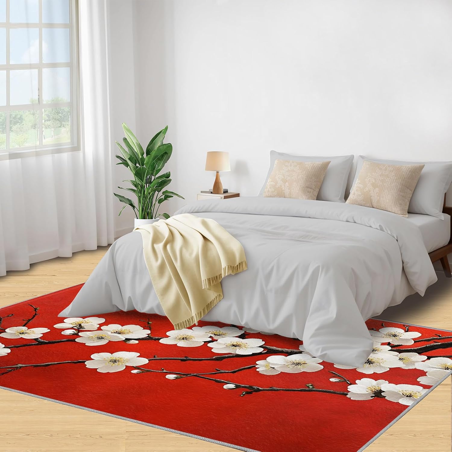 Cherry Blossoms Rug 6x8, Red Background Rugs for Girls Room, Asian Style Rugs for Bedroom, Washable Area Rug for Bedside Dining Room Kitchen Floor Mat