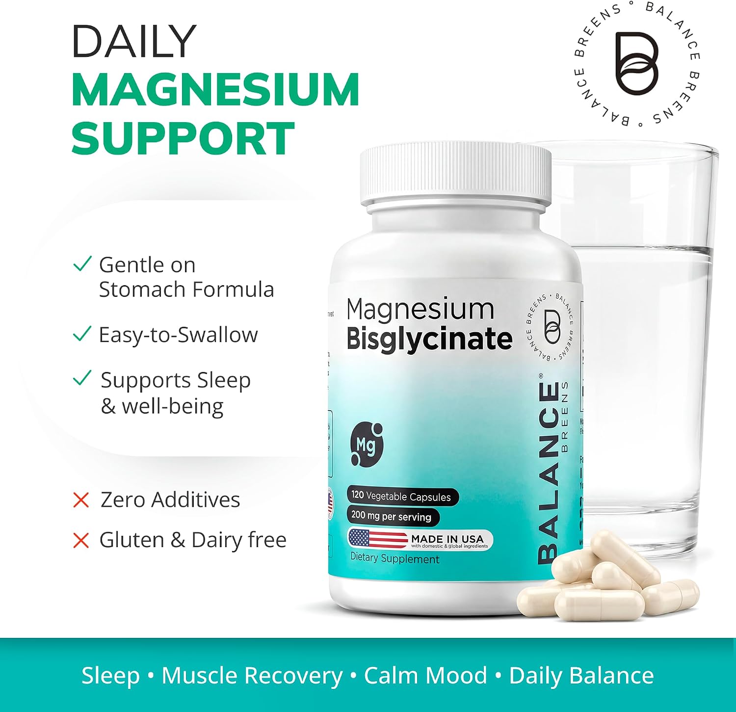 Balancebreens Magnesium Glycinate 200mg - Magnesium Bisglycinate Chelated Supplements for High Absorption - Non GMO and Gluten Free Gentle on Stomach for Restful Sleep and Muscle Support, 120 Count