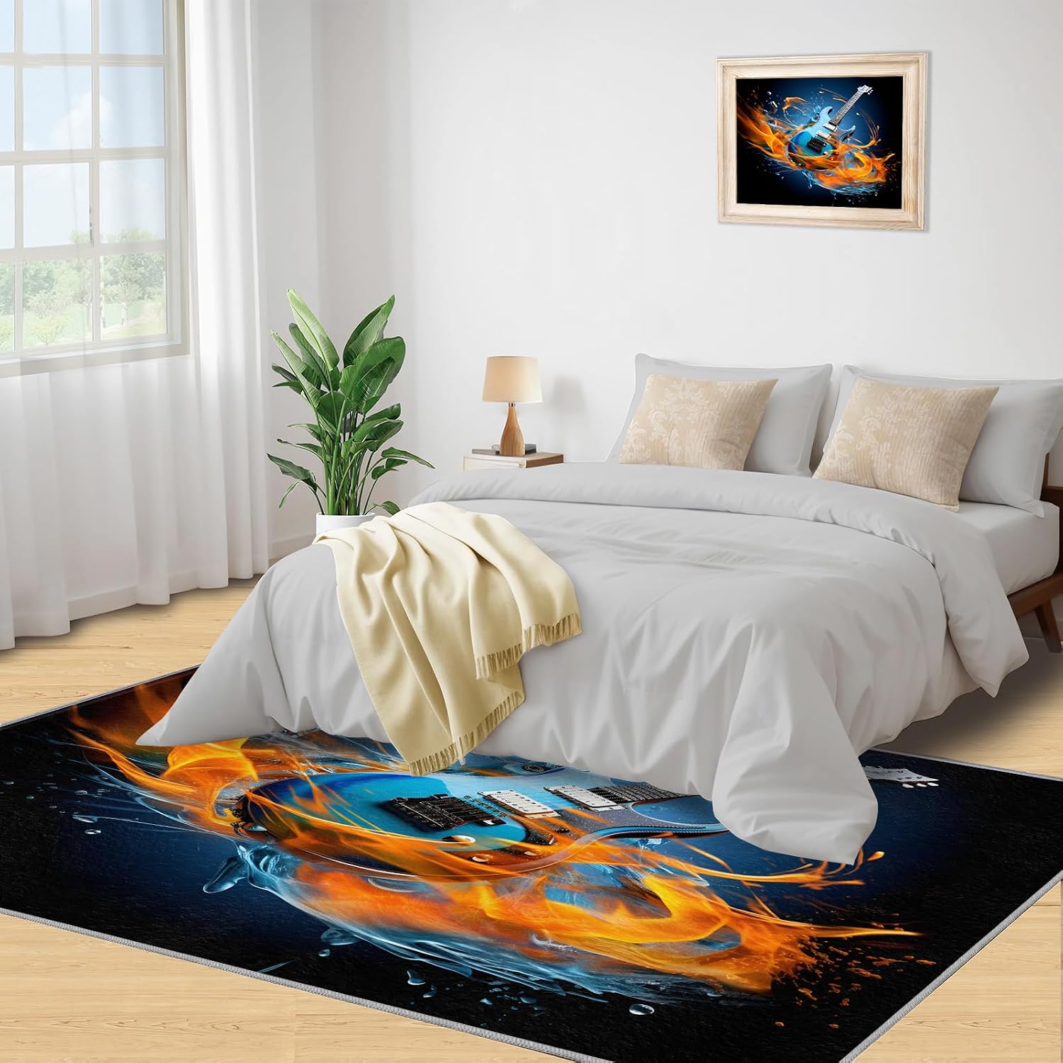Guitar Rugs for Music Room - Music Rug, 6x8 Rug, Boys Musical Washable Rugs for Living Room Bedroom, Blue Area Rug, Rock and Roll Carpet - Home Decor, Electric Guitars Gifts for Men