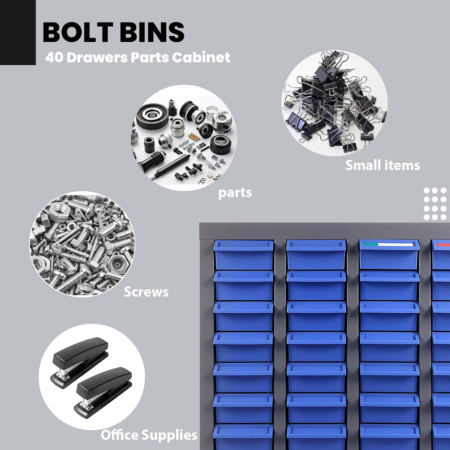40 Drawer Parts Cabinet, ABS Material Nut and Bolt Organizer, Bolt Bins Organizer for Shop with Shelf and Label, Bolt Bins for Storing Sample, Metals and Electronic Element, Blue
