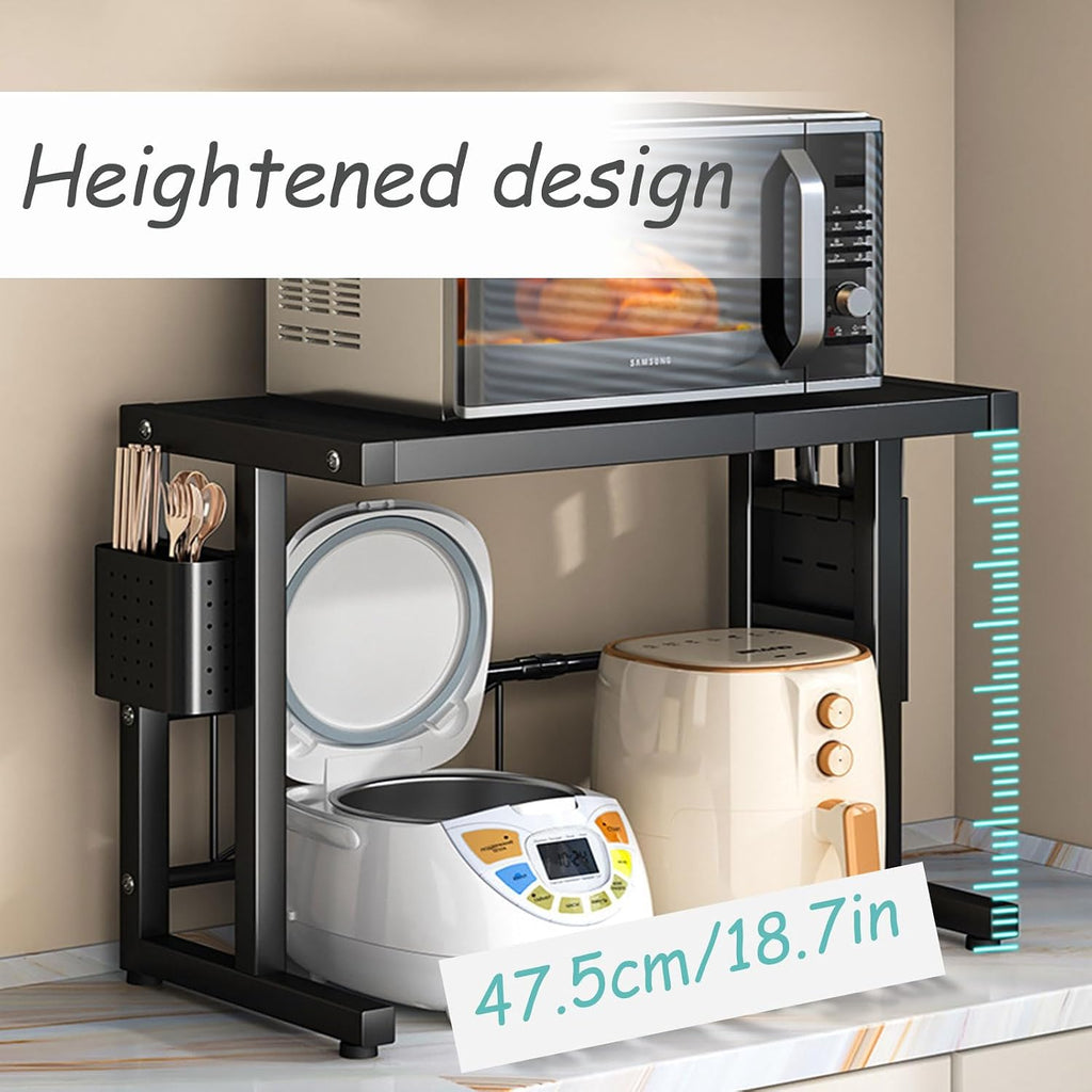 Adjustable 2-Tier Microwave Oven Shelf, Extendable Kitchen Baker Rack with Chopstick Holder, Space-Saving Countertop Storage, White Design for Home Organization
