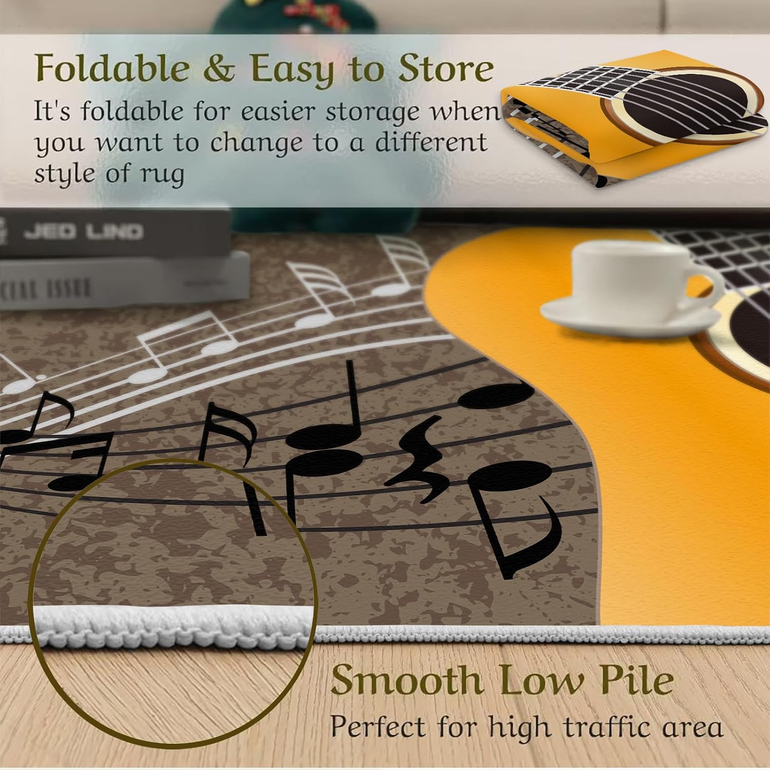 Yellow Hip-Hop Rock Music Guitar Area Rug, Black White Musical Notes Grunge Style Indoor Non-Slip Kids Rugs, Machine Washable Breathable Durable Carpet for Front Entrance Floor Decor,5 x 7ft