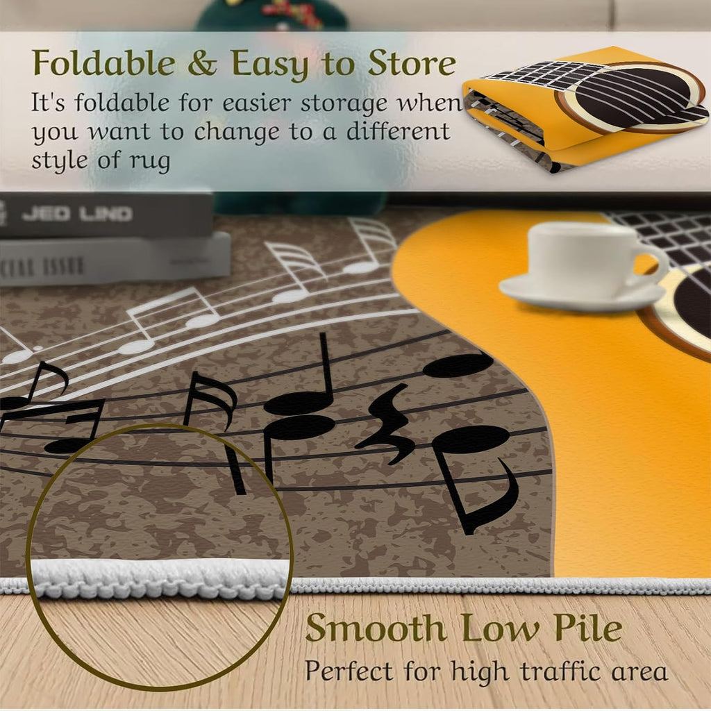 Yellow Hip-Hop Rock Music Guitar Area Rug, Black White Musical Notes Grunge Style Indoor Non-Slip Kids Rugs, Machine Washable Breathable Durable Carpet for Front Entrance Floor Decor,6 x 8ft