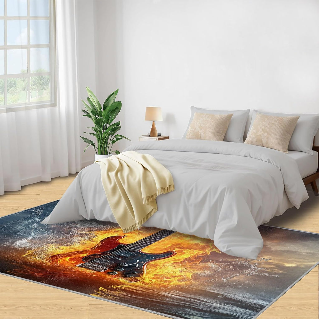 Guitar Area Rug 5x8, Music Rugs for Living Room, Water and Fire Guitar Bedroom Rug, Machine Washable Rugs for Sofa Kitchen Dining, Non-Slip Home Decor Carpet