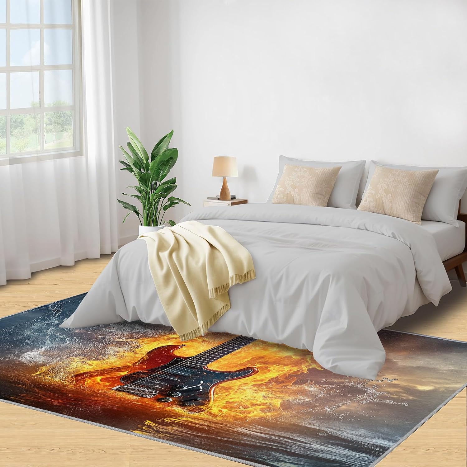 Guitar Area Rug 5x8, Music Rugs for Living Room, Water and Fire Guitar Bedroom Rug, Machine Washable Rugs for Sofa Kitchen Dining, Non-Slip Home Decor Carpet