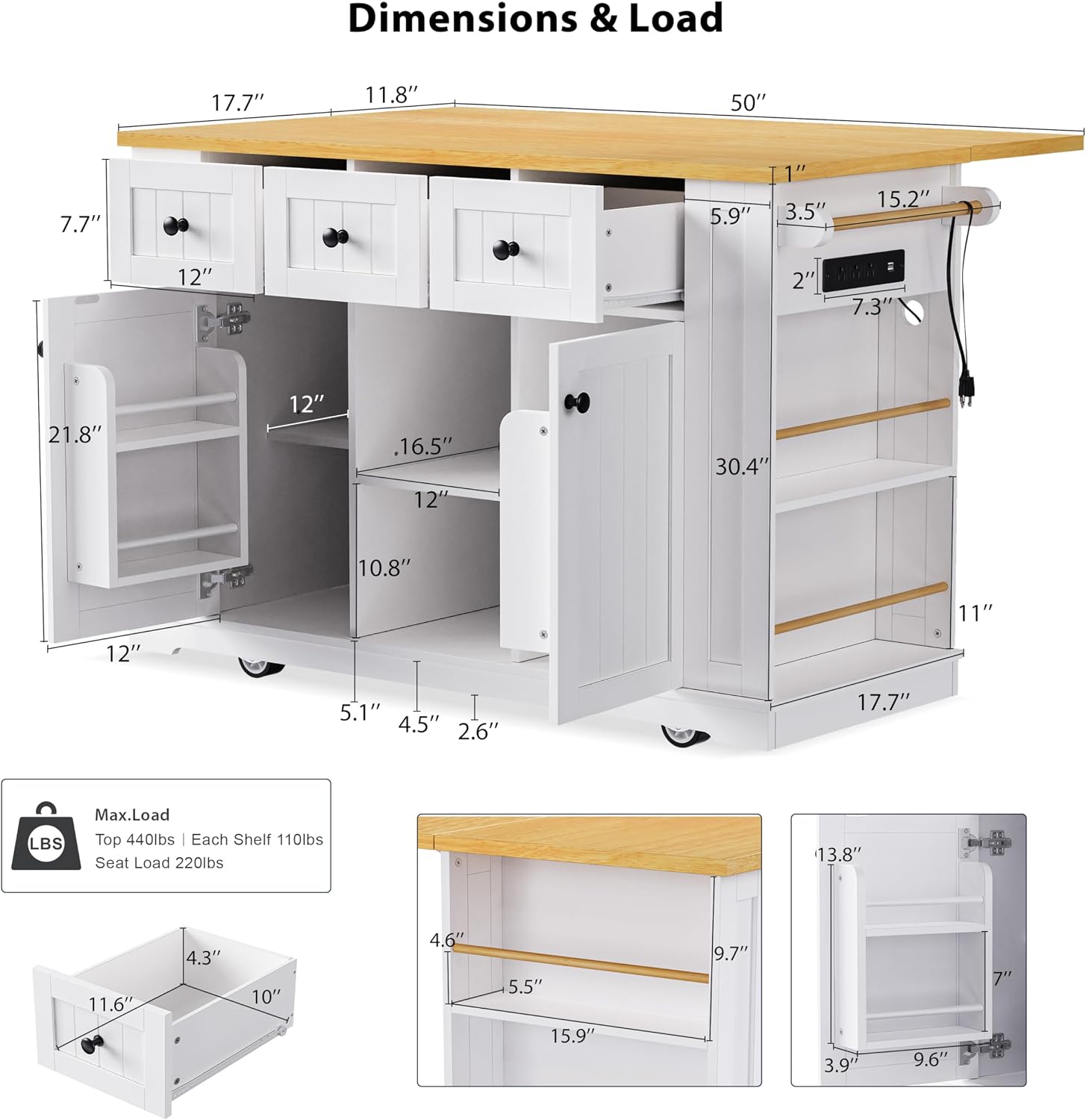Kitchen Storage Island on Wheels with 2 Bar Stools, Rolling Drop Leaf Kitchen Island Cart with Power Outlet, Open Side Racks, Door Shelves and Towel Bar, 53-Inch, White