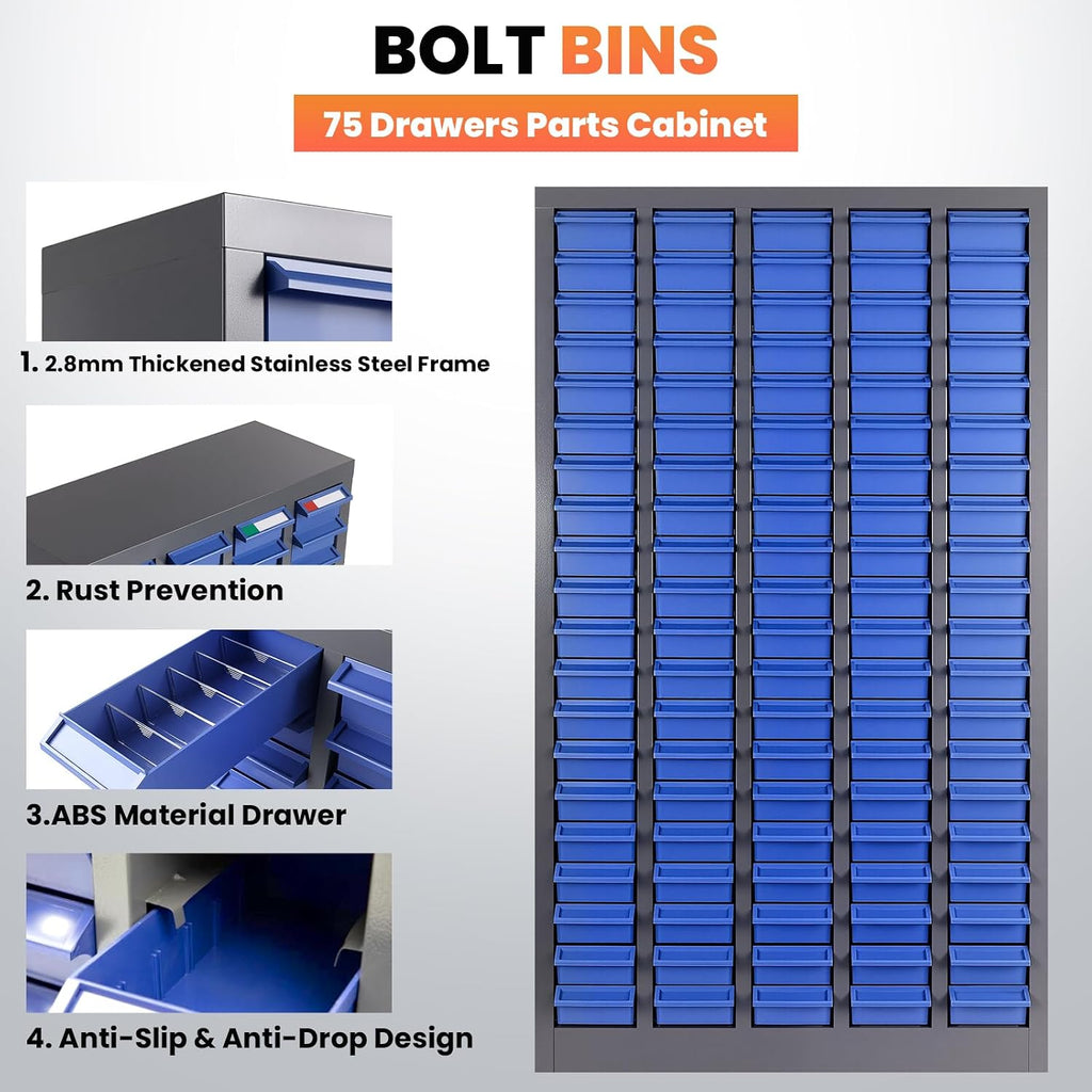 75 Drawers - Part Cabinet, Shelves & Label Stickers - Bolt and Nut Organizer Bolt Bin Cabinets, Durable Steel Tool Storage Cabinet for Garage/Workshop Small Parts/Hardware Organization
